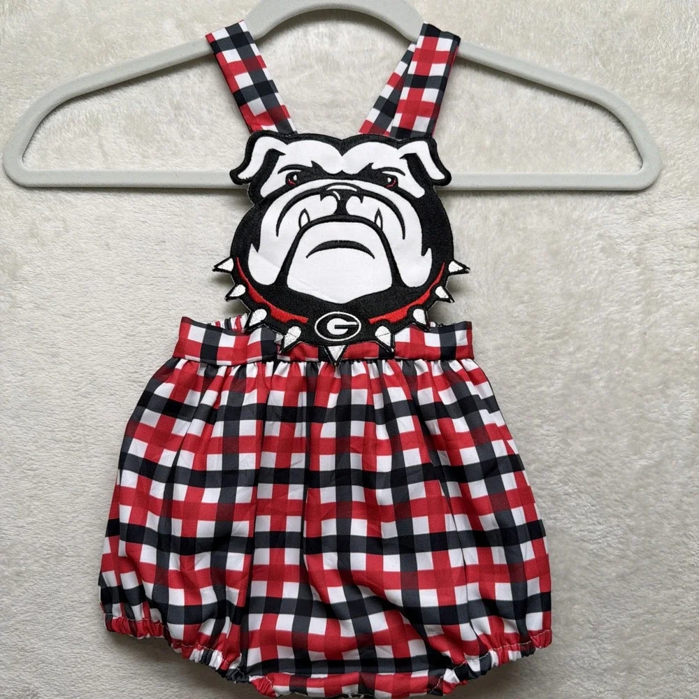 Georgia Bulldogs UGA Baby Bubble Romper Girls Simply Scarlett Smocks Gingham